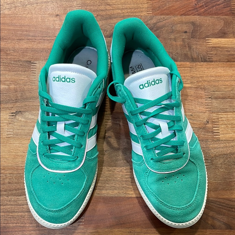 Adidas Emerald Green and White Sneakers with pink trim